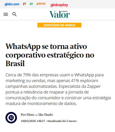 Matéria do Valor Econômico sobre o WhatsApp como ativo corporativo estratégico no Brasil